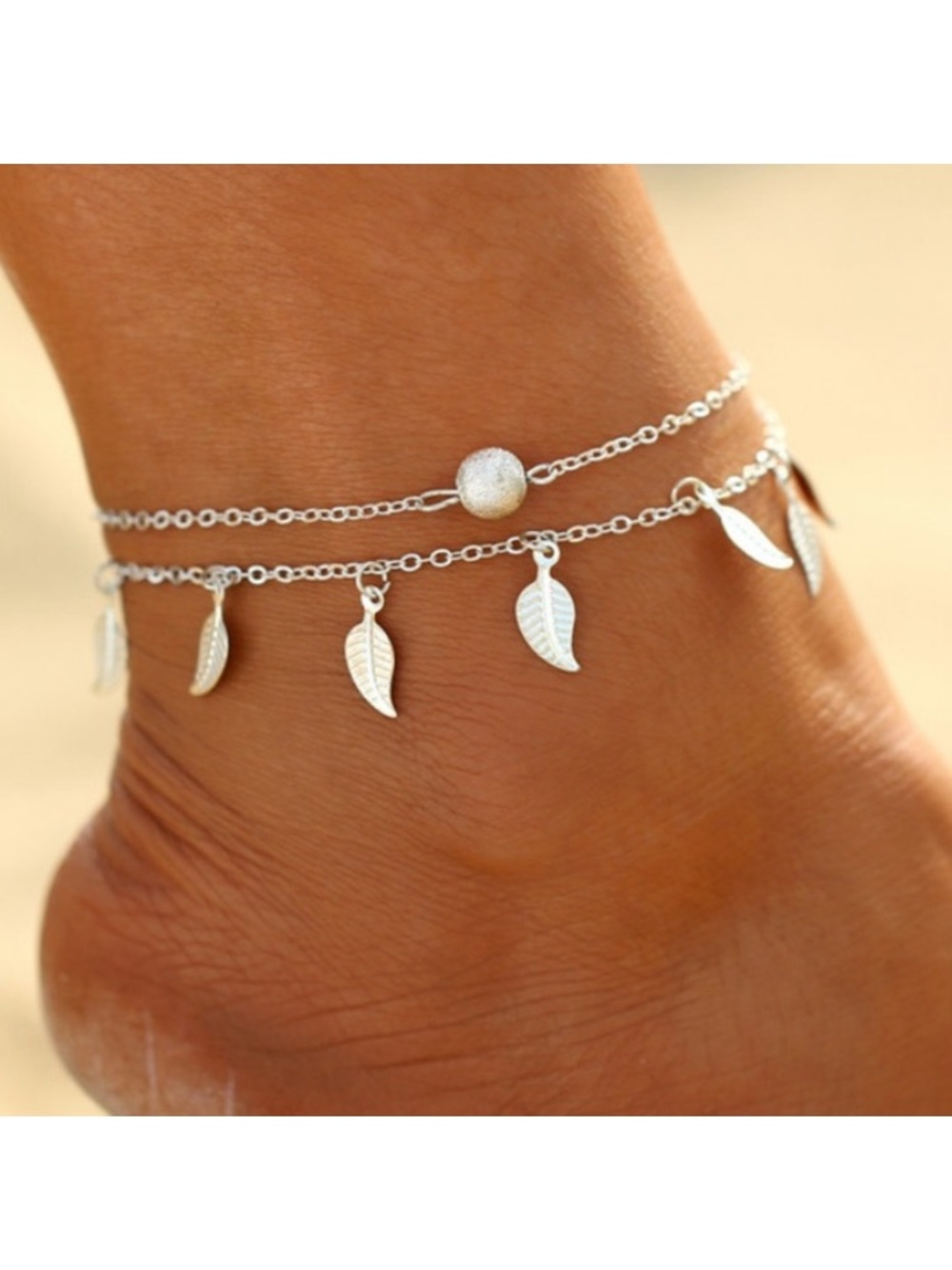 Leaf Silver Toned Boho Anklet